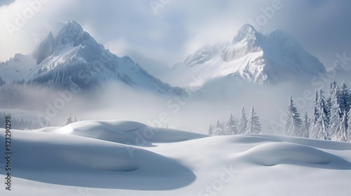 A hauntingly beautiful winter scene with snow-covered mountains, evoking a serene and ethereal stillness.
