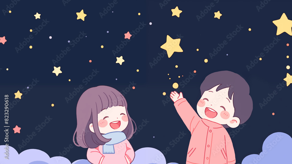 Hand drawn cartoon beautiful children watching stars at night Children's Day illustration
