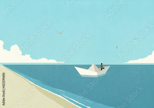 Man floating in paper boat on blue ocean, embarking on journey
 photo