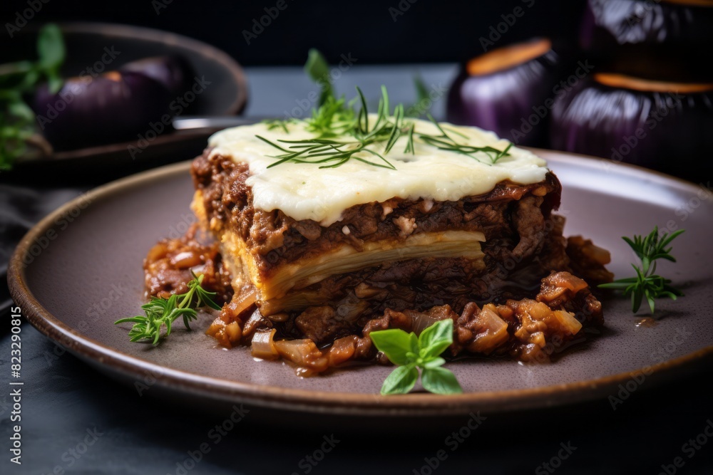 Tempting moussaka on a rustic plate against a minimalist or empty room background Tempting moussaka on a rustic plate against a minimalist or empty room background