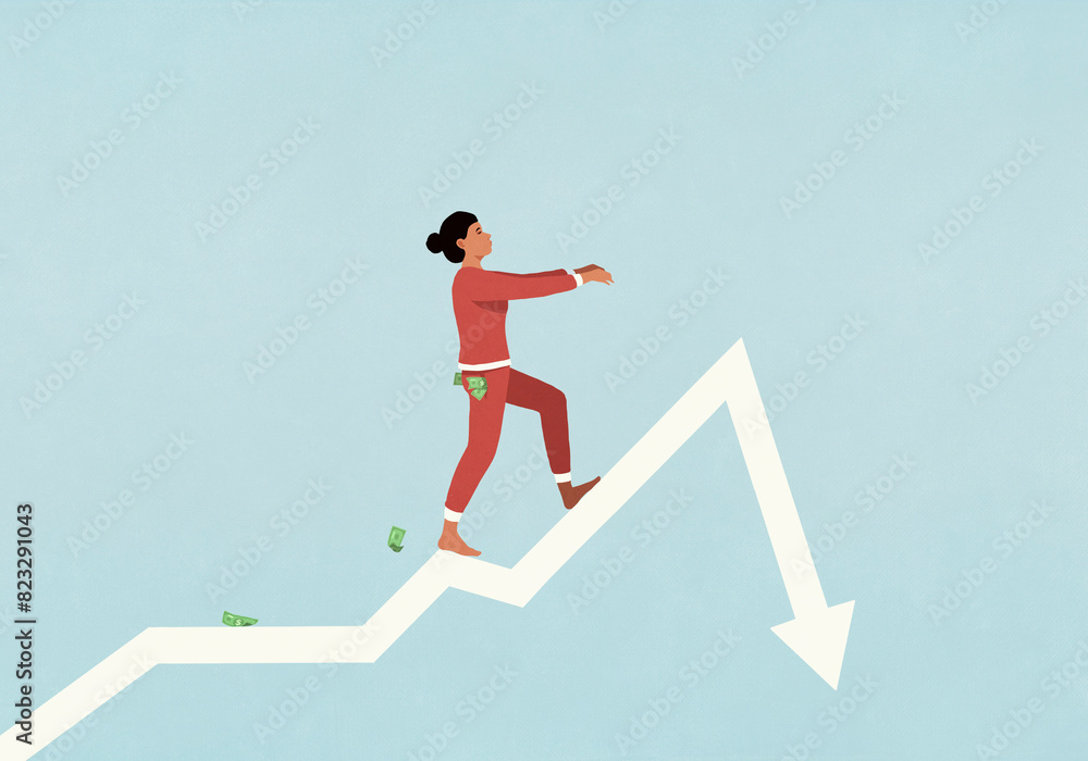 Money falling from pockets of woman in pajamas sleepwalking on falling arrow
Money falling from pockets of woman in pajamas sleepwalking on falling arrow