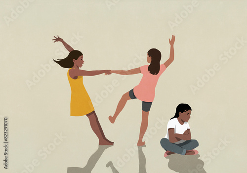 Frustrated girl sitting below friends having fun and dancing on beige background
