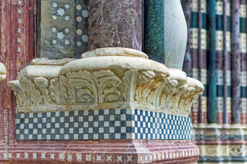 Details at facade of Genoa Cathedral or Metropolitan Cathedral of Saint Lawrence in Genoa, Italy.