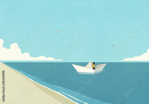 Woman floating in paper boat on blue ocean
 photo