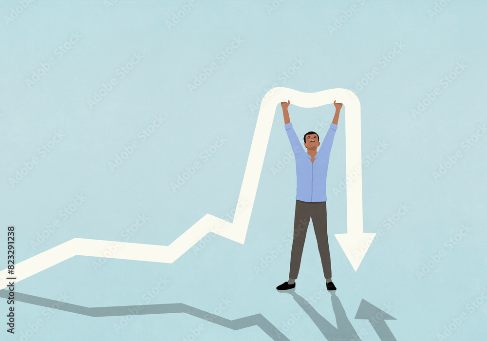 Man with arms raised holding up falling arrow
Man with arms raised holding up falling arrow