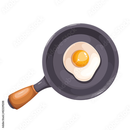 Fried egg in frying pan, cartoon breakfast food. Round cast iron skillet with wooden handle and delicious top cooked egg, cartoon top view of served healthy morning protein dish vector illustration