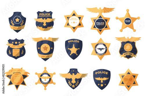 Police labels. Policeman law enforcement badges. Sheriff, marshal and ranger logo. Officer government badge. Policeman insignia vector simple patches set
