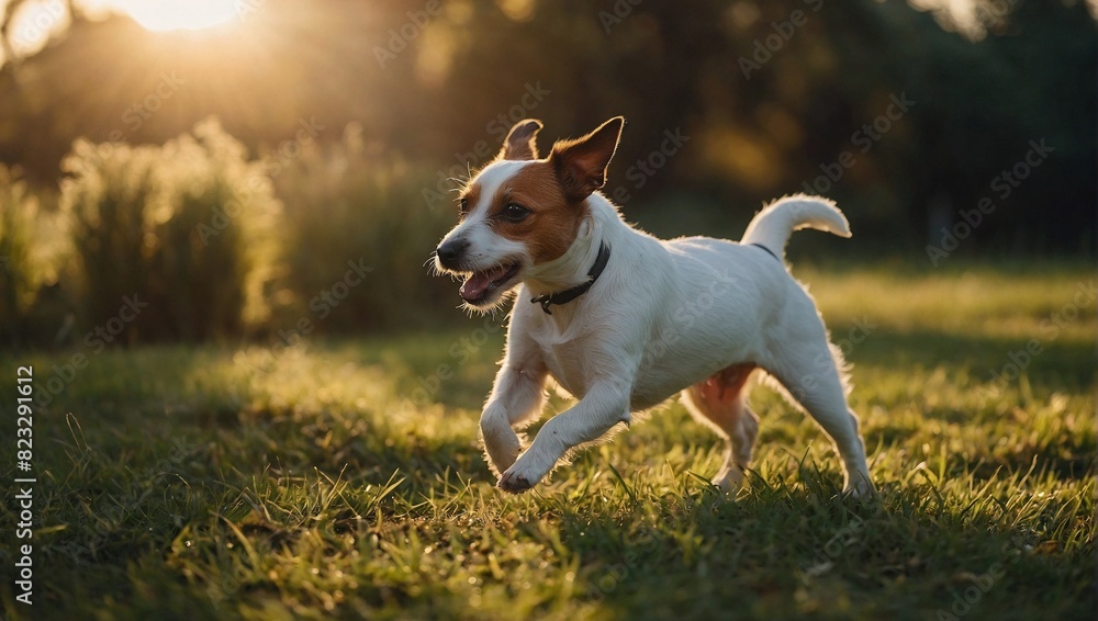 Active Jack Russell Terrier playing and dancing on the grass in the rays of the setting sun Active Jack Russell Terrier playing and dancing on the grass in the rays of the setting sun