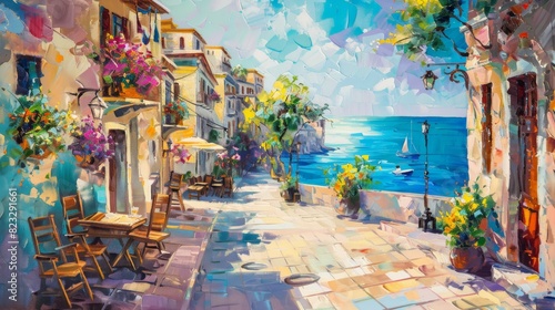 Painting of a Street Overlooking the Ocean