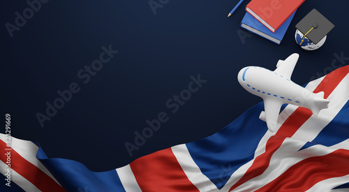 Study abroad and education in england banner design of plane and graduation cap on global with united kingdom flag  on blue background 3D render