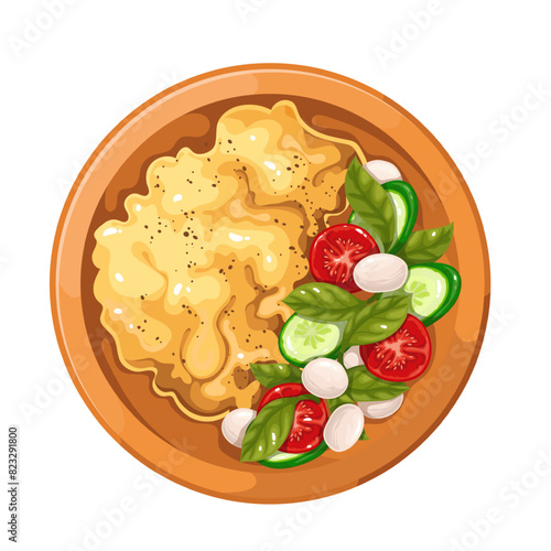 Scrambled eggs with healthy salad, wooden plate of breakfast food. Top view of cooked eggs, cartoon slices of tomatoes and cucumbers, mozzarella cheese and green basil leaves vector illustration