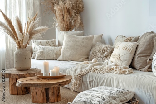 Stylish Living Room Filled With Pillows and Furniture photo