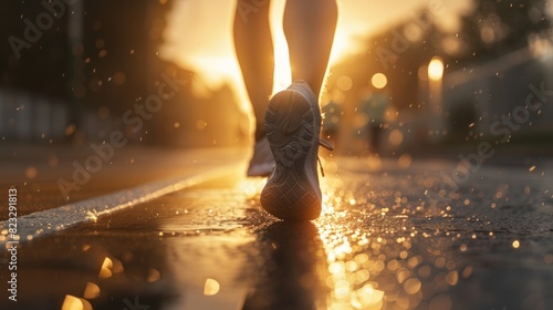 Dynamic energy of marathon runners  feet captured in vibrant natural lighting on a wet street