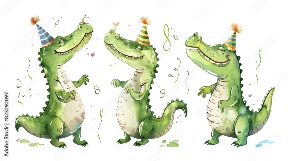 Fototapeta premium Three Crocodiles Wearing Party Hats and Streamers