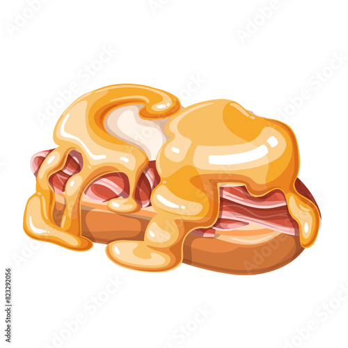 Toast with prosciutto slices and poached egg, cartoon delicious morning food. Funny creamy sauce and yolk dripping down thin slices of ham on toasted bread, cartoon eggs dish vector illustration