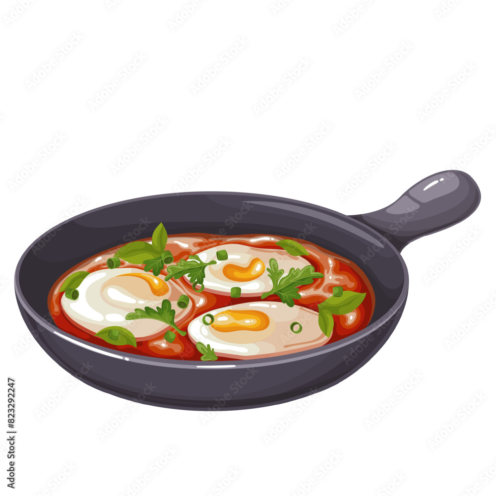 Shakshuka in frying pan, cartoon traditional spicy eggs dish. Black cartoon cast iron skillet of morning food, cooked eggs with tomato and paprika sauce in Arabian cuisine vector illustration