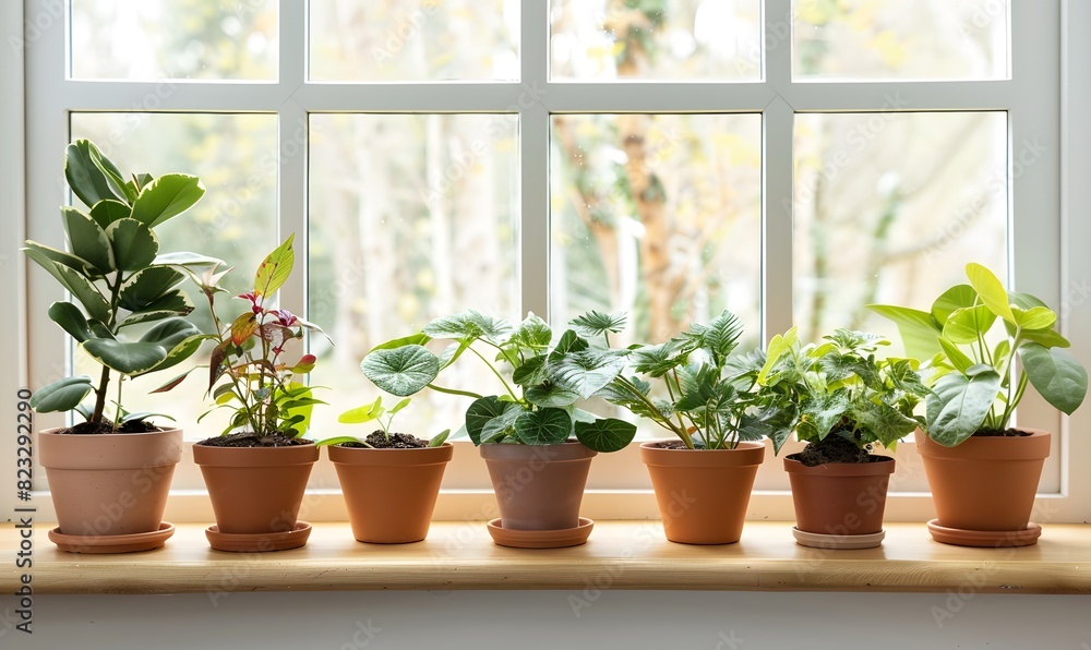 Row of Potted Plants on Window Sill, Generative AI Row of Potted Plants on Window Sill, Generative AI