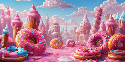 background candy city, with donuts and knife shaped chocolate, cartoon style