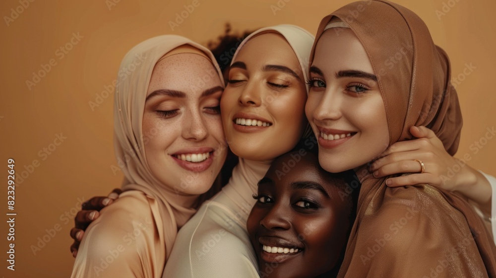 A group of women wearing veils and smiling at the camera A group of women wearing veils and smiling at the camera