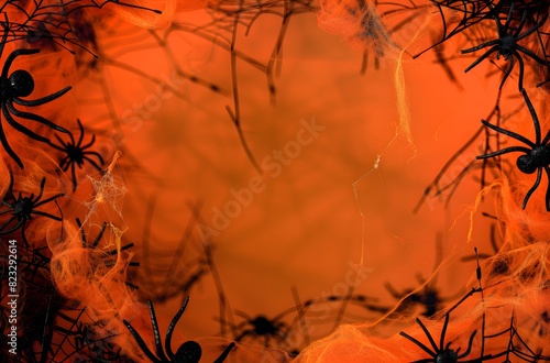 Halloween Background with Spider Web on Orange Color