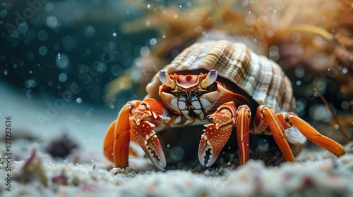 Close-up of a hermit crab emerging from its shell on the ocean floor  ready to scavenge for food