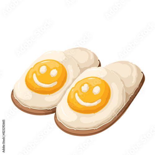 White furry slippers with cartoon emoji face and smile. Funny slippers with fur and yellow smiling emoticon, fun home comfort and footwear mascot, cartoon cute warm shoes vector illustration