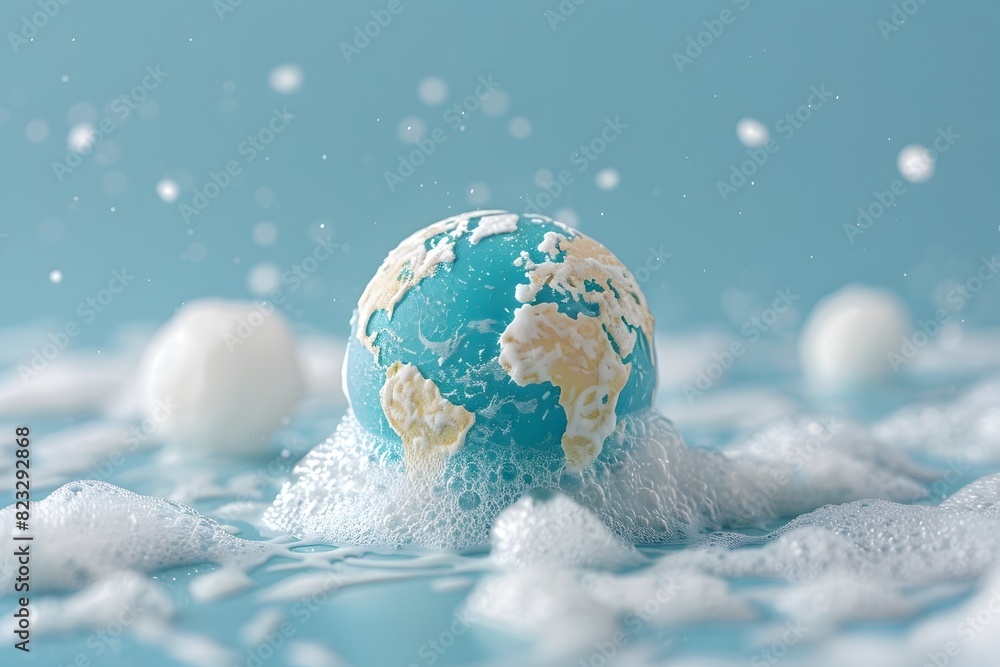 Soap Globe Floating in Wintry Wonderland of Snowy Foam Soap Globe Floating in Wintry Wonderland of Snowy Foam