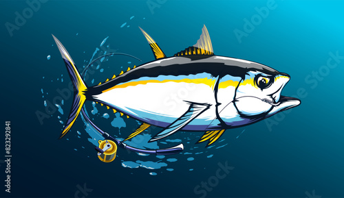 NOT AI. Tuna fishing logo vector illustration. Tuna fishing emblem isolated. Ocean fish logo. Saltwater fishing theme.