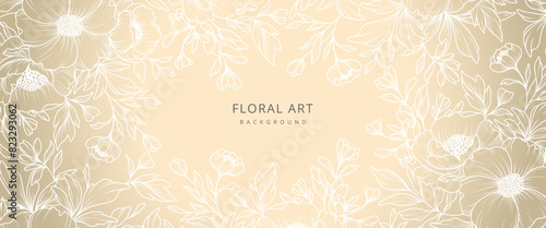 Luxury floral gold background with hand drawn white flowers. Vector design template for postcard, wall poster, business card, flyer, banner, wedding invitation, print, cover, wallpaper