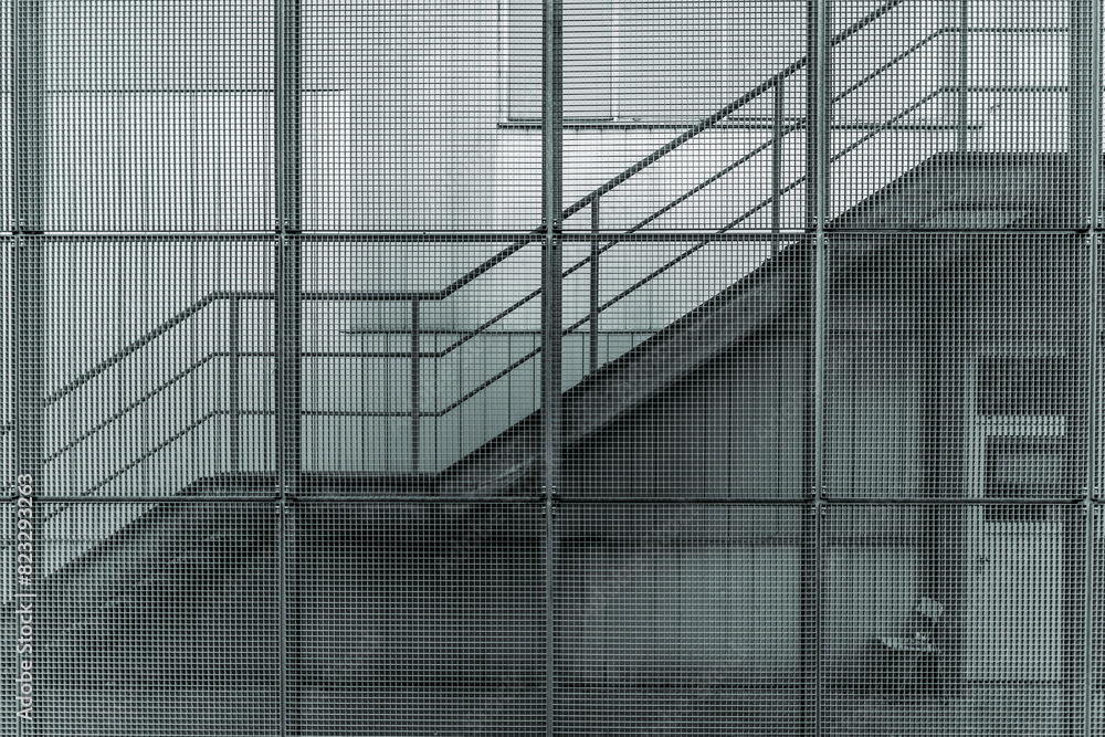 stairs and steps are behind a metal cage and door in front of an office building stairs and steps are behind a metal cage and door in front of an office building