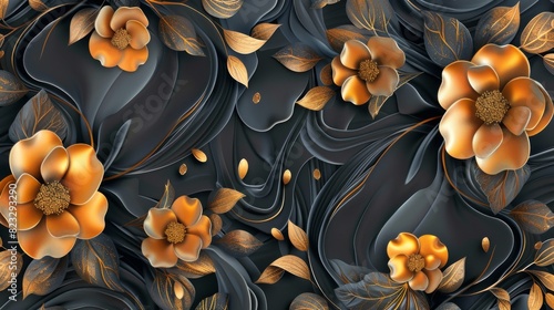 Black and Orange Floral Wallpaper With Gold Flowers