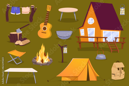 Outing equipment. Camping equipment, cartoon travel trekking scouts tool. Campfire, guitar, camera, chair, backpack, boots. Object tourism summer vacation set neat of tourist backpack