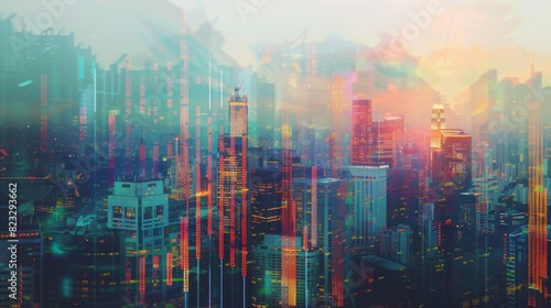 Forex chart on cityscape with tall buildings background multi exposure.