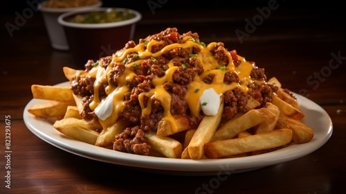 Plate of piled chili cheese fries