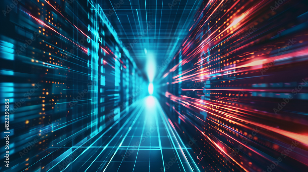 Obraz premium Blurred hosting servers in big data center. Cloud computing. Technology background.