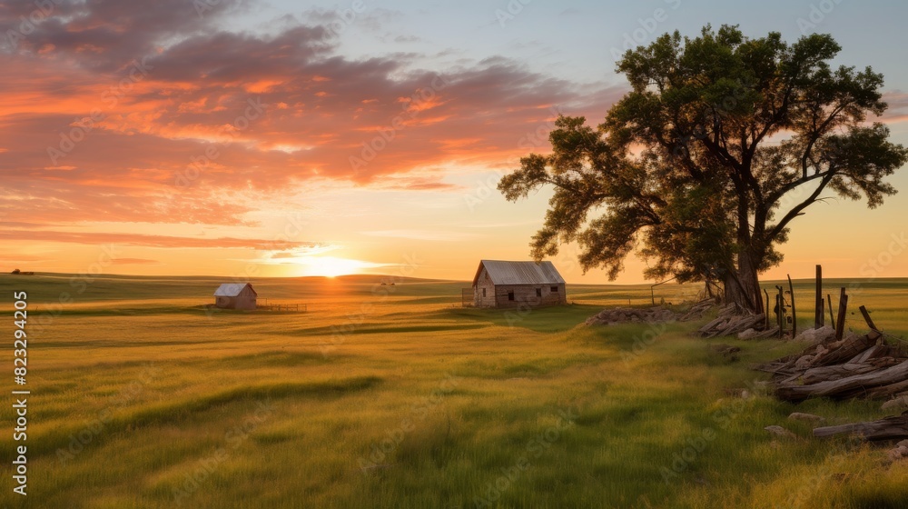 Fototapeta premium Golden hour portrayal of beautiful prairie.