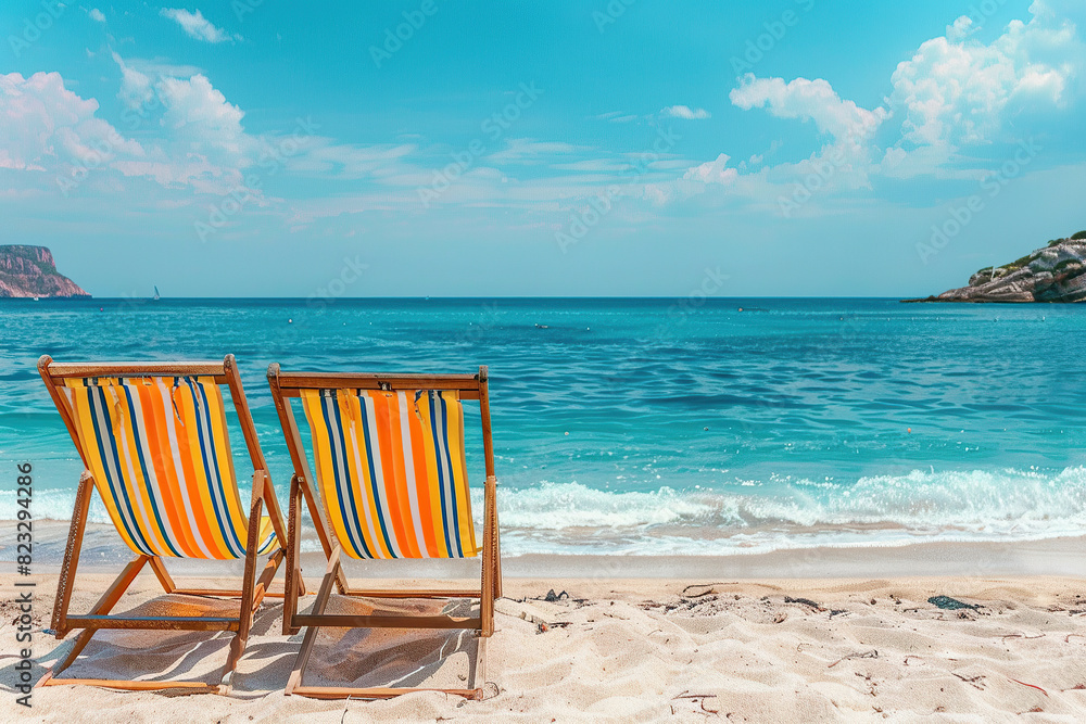 horizontal image of colourful beach chair in front of the sea in a hot summer day, beautiful transparent water and blue sky