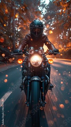 vertical photo of motorcyclist speeding down the road with sunset behind