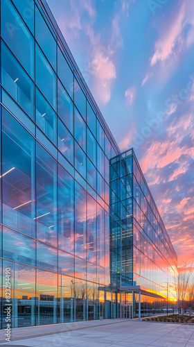 Modern glass building with colorful sky reflection