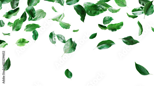 Green leaves flying in the wind, isolated on a transparent background