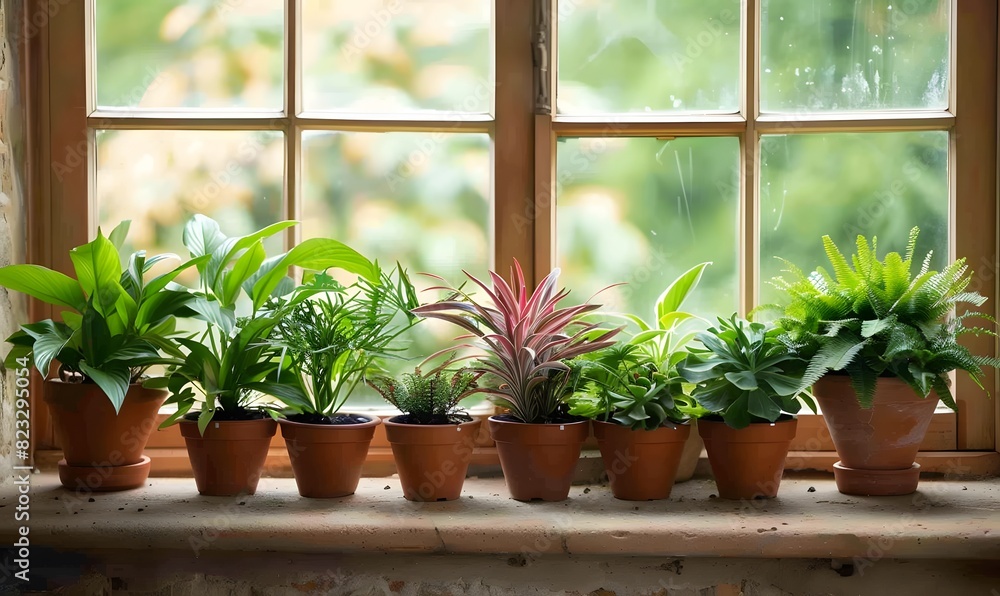 Row of Potted Plants on Window Sill, Generative AI Row of Potted Plants on Window Sill, Generative AI