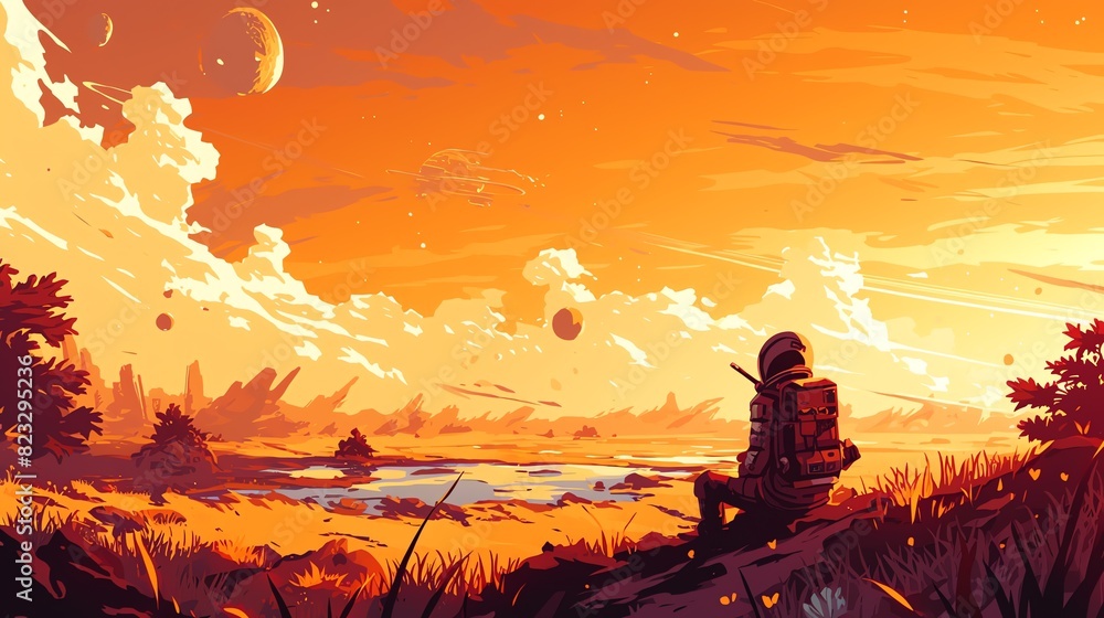 A man sits alone with the sun setting. Amazing anime illustration suitable for desktop wallpaper. 