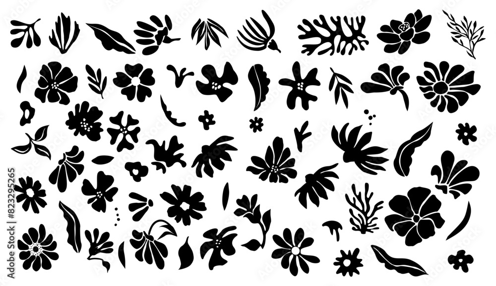 Fototapeta premium Set of flower and leaves silhouettes. Hand drawn floral design elements, icons, shapes. Wild and garden flowers, leaves black and white outline illustrations on transparent background.