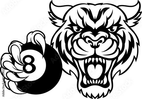A tiger angry mean pool billiards mascot cartoon character holding a black 8 ball.