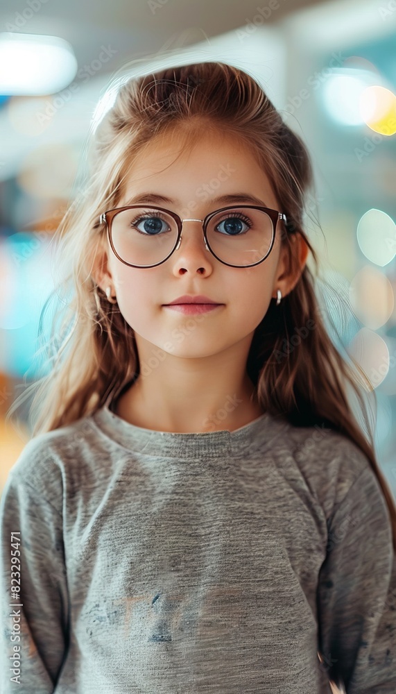 Child and optician for eye care and vision with prescription glasses, new frames, realistic photo Child and optician for eye care and vision with prescription glasses, new frames, realistic photo