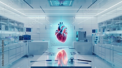 Medical healthcare digital hologram anatomy of human heart and organs concept, with graphical icon display ai holographic display assistant technology. 3d modeling with lab banner background photo