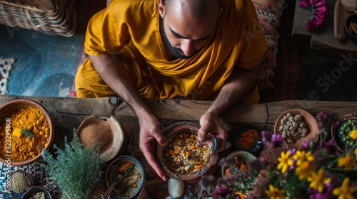 A bald monk in a yellow robe sorts through various natural ingredients, including spices and dried flowers, in a rustic setting.