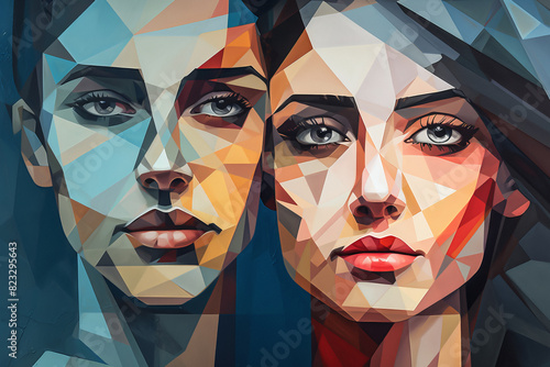 Man and woman faces in an abstract cubist or cubism style painting. Love or relationship concept
