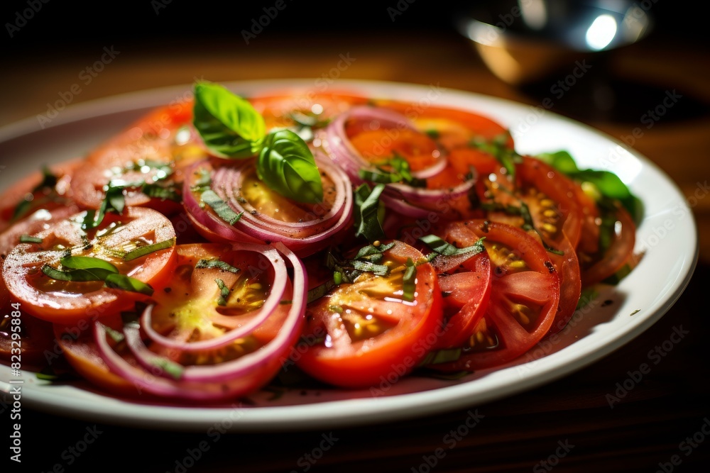 Delicious tomato salad with sliced onions and basil garnish, served on a white plate