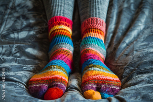 Women's legs in colorful socks on a gray background Knitted socks 